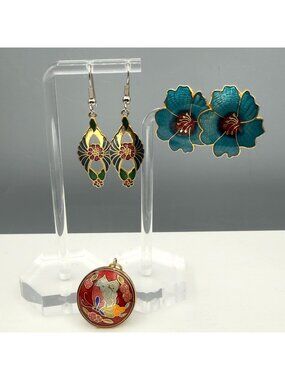 Vintage Cloisonné  Butterfly Pendant Flower Floral Earrings Lot of 3